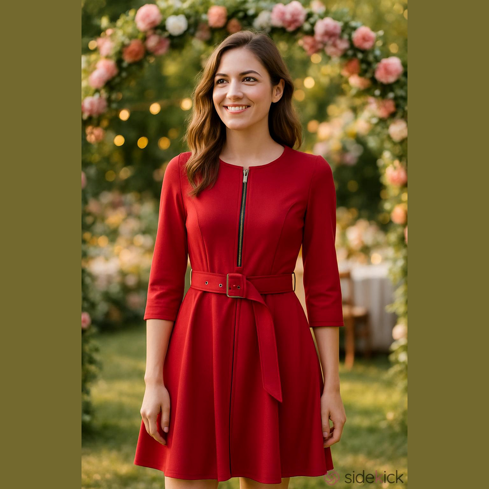 4/$67 Deal! Chicme Cherry-Red Belted Zip-Front Long Sleeve Dress